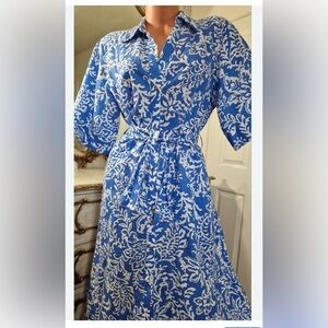 Blue and White Floral linen Button-Front Dress from Zara.